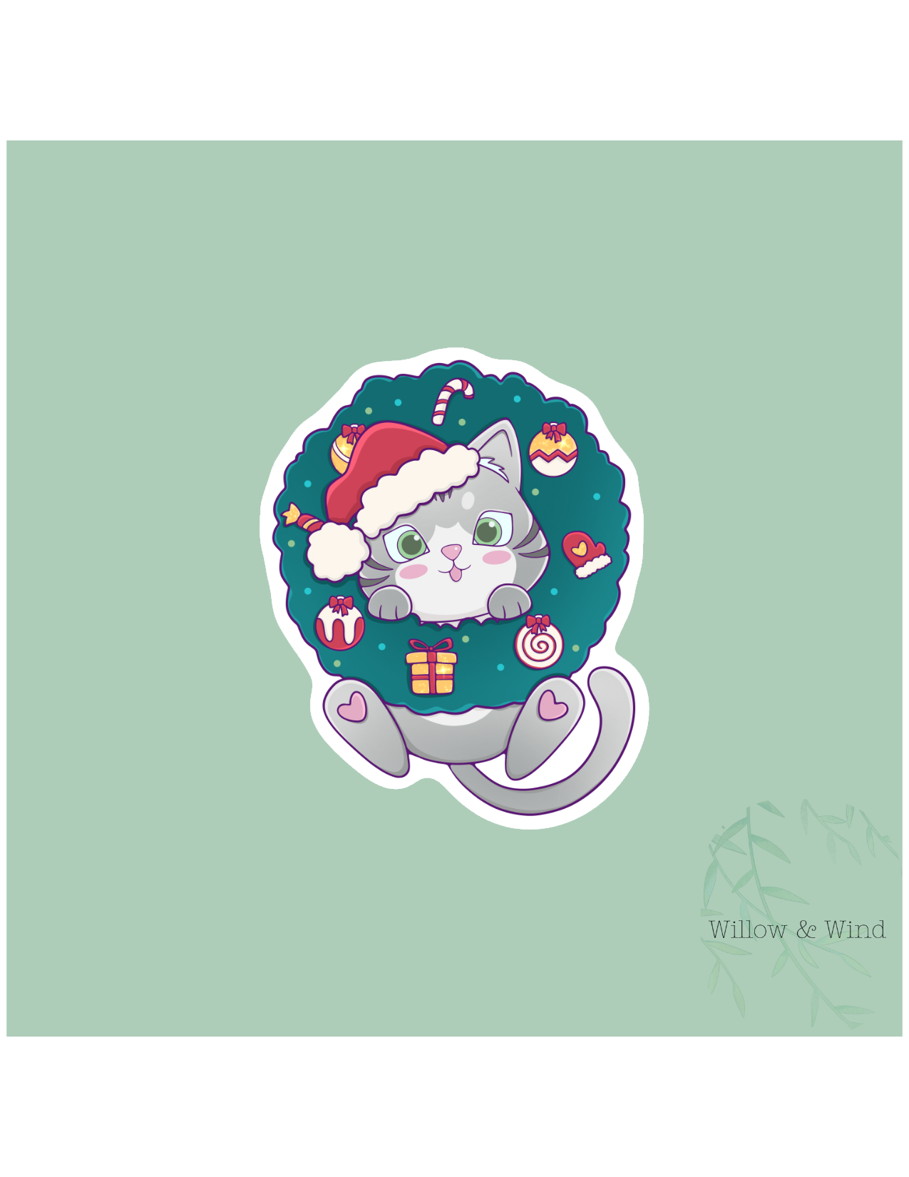 Cat in Wreath Christmas Sticker