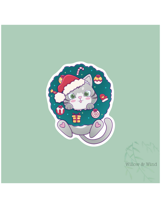 Cat in Wreath Christmas Sticker
